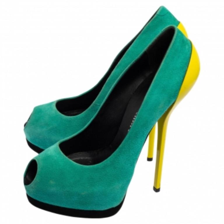 Donna Giuseppe Zanotti Tri-Color Suede and Leather Peep Toe Platform Pumps Taglia 37