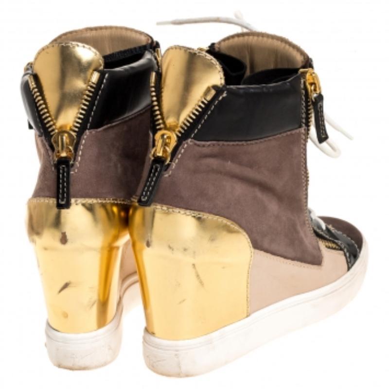 Beige Giuseppe Zanotti Tricolor Suede Leather Wedge Sneakers Size 38 en vente