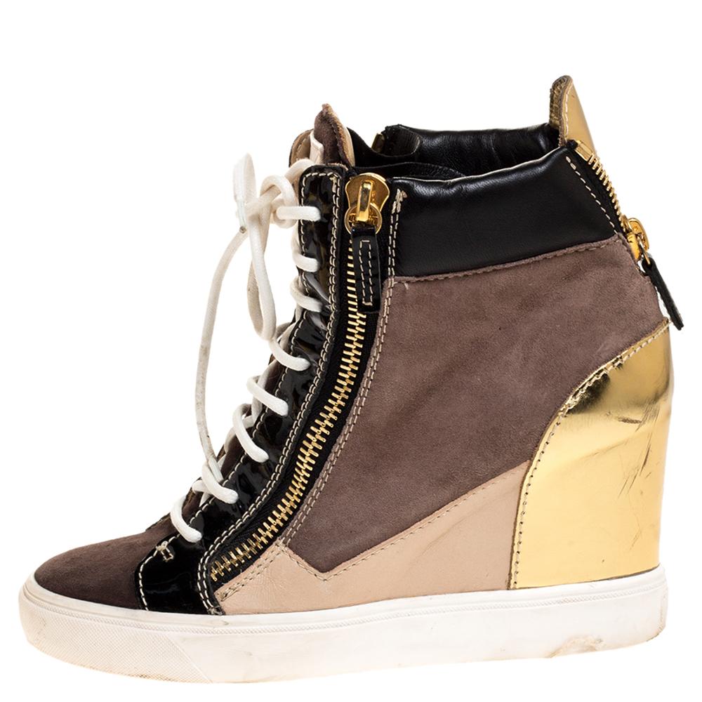 Giuseppe Zanotti Tricolor Leder-Keilsneaker aus Wildleder, Größe 38 Damen im Angebot