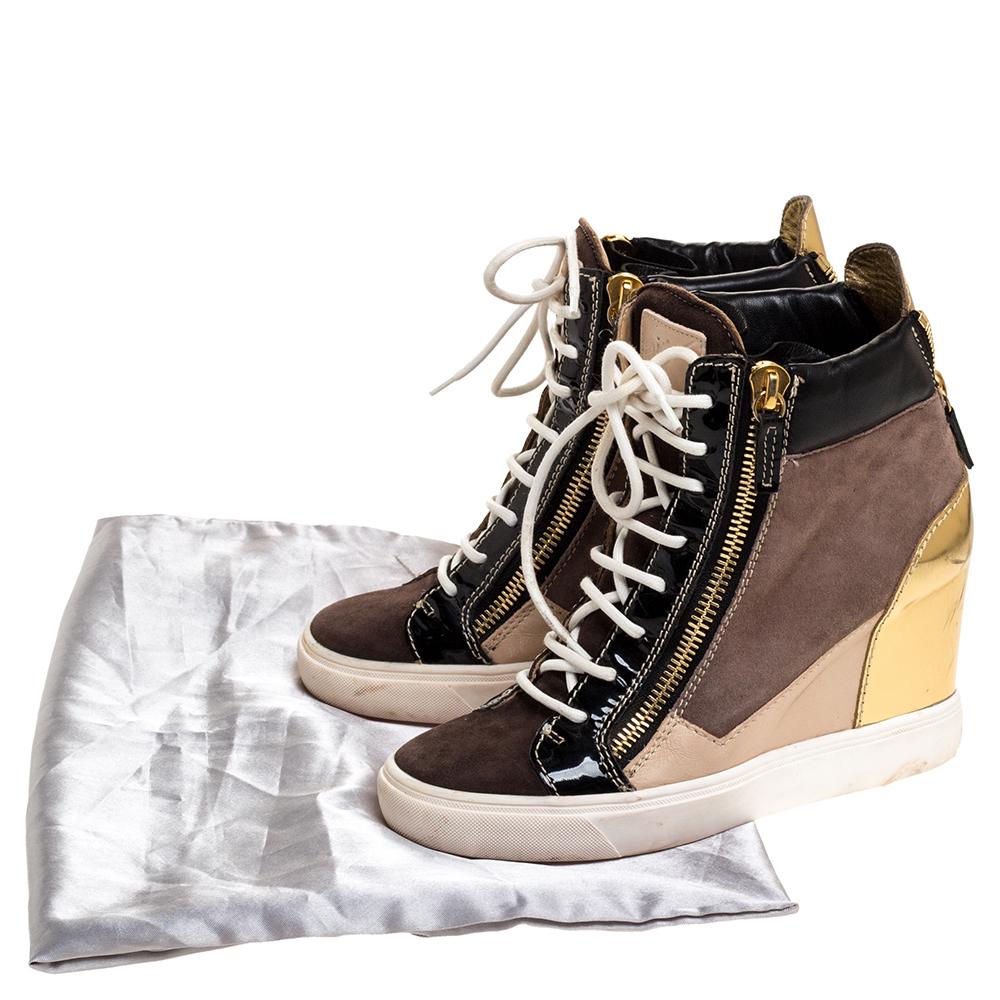 Women's Giuseppe Zanotti Tricolor Suede Leather Wedge Sneakers Size 38 For Sale