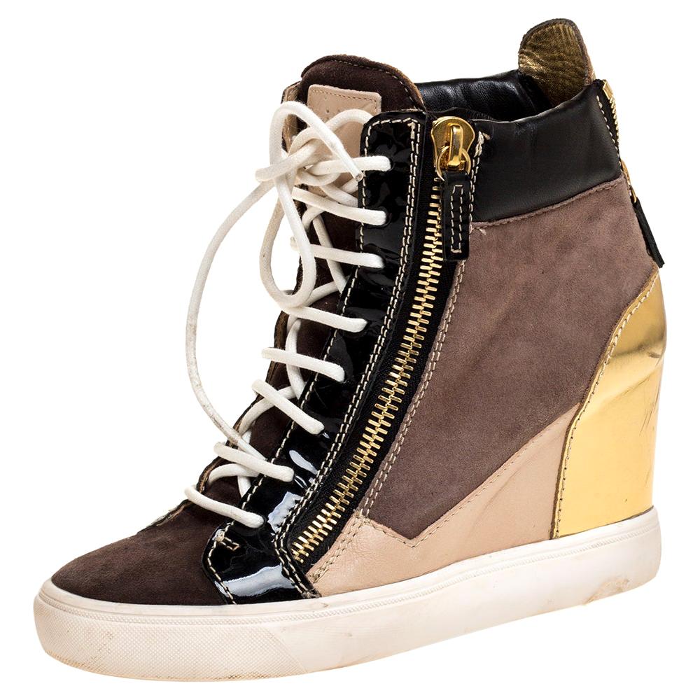 Giuseppe Zanotti Tricolor Suede Leather Wedge Sneakers Size 38 For Sale