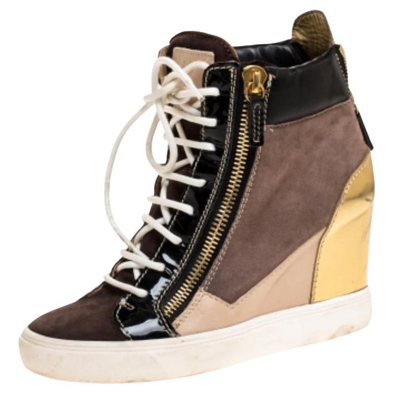 Giuseppe Zanotti Tricolor Suede Leather Wedge Sneakers Size 38 en vente