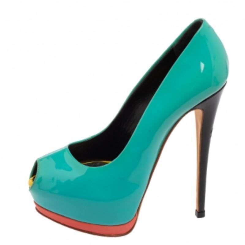Women's Giuseppe Zanotti Turquoise Patent Leather Peep-Toe Platform Pumps Size 36 For Sale