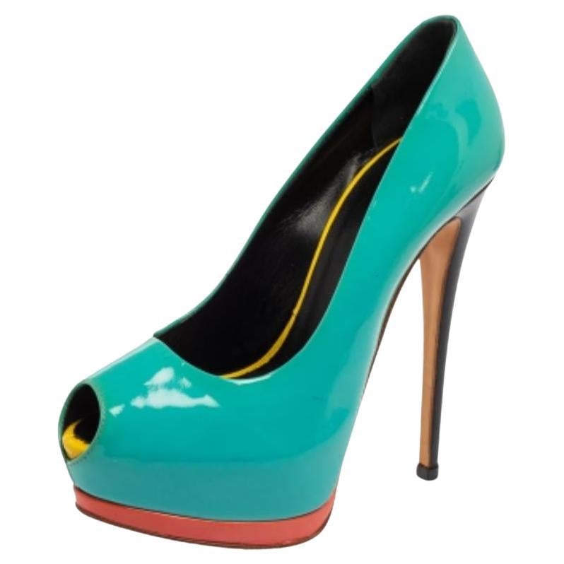 Giuseppe Zanotti Turquoise Patent Leather Peep-Toe Platform Pumps Size 36 For Sale