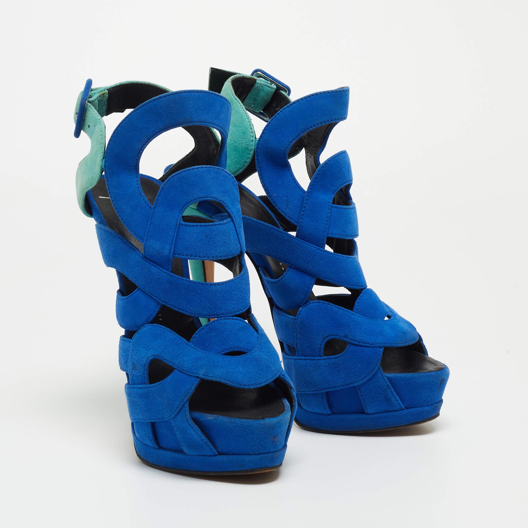 Blue Giuseppe Zanotti Two Tone Suede Cutout Caged Slingback Platform Sandals Size 38.