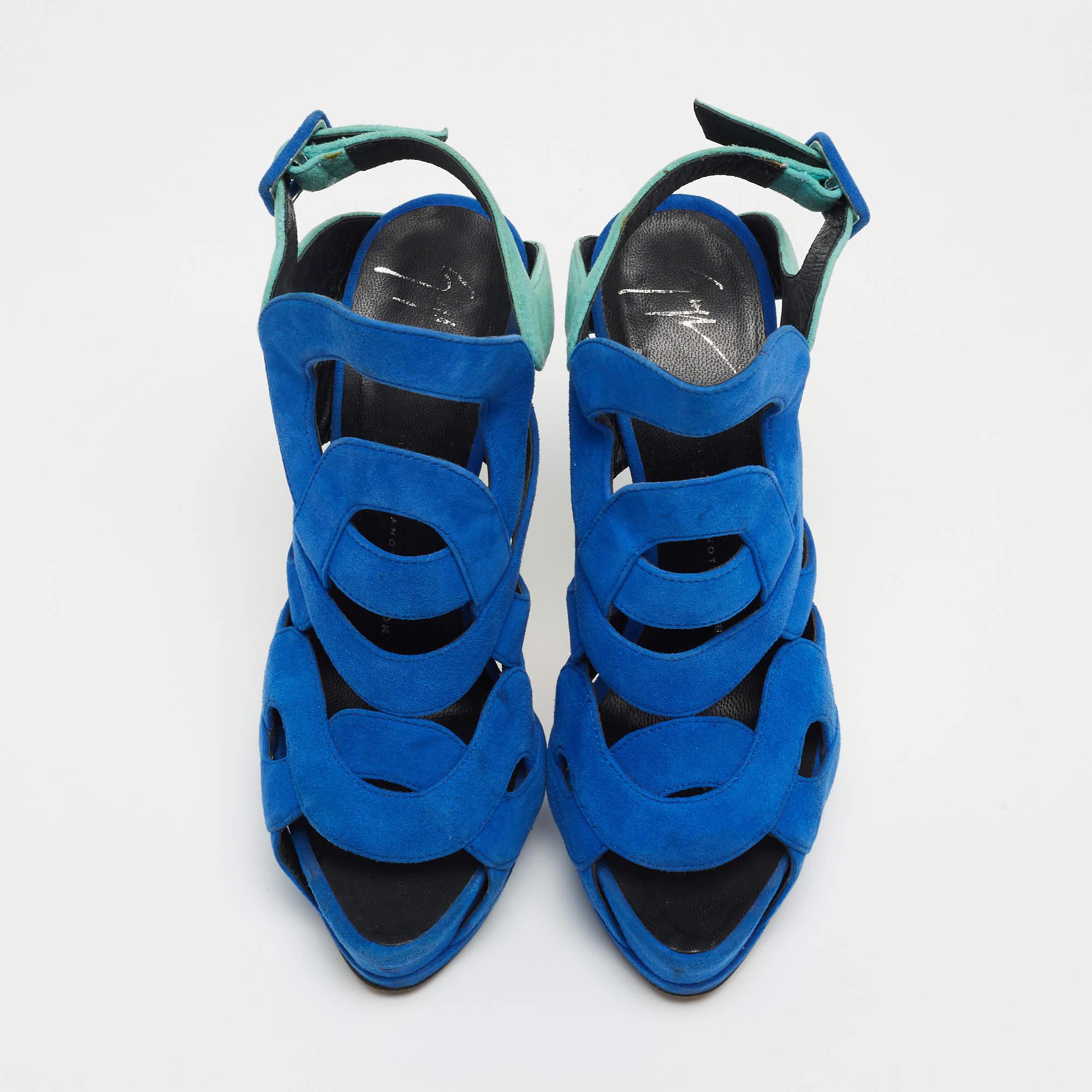 Giuseppe Zanotti Two Tone Suede Cutout Caged Slingback Platform Sandals Size 38. In Good Condition In Dubai, Al Qouz 2