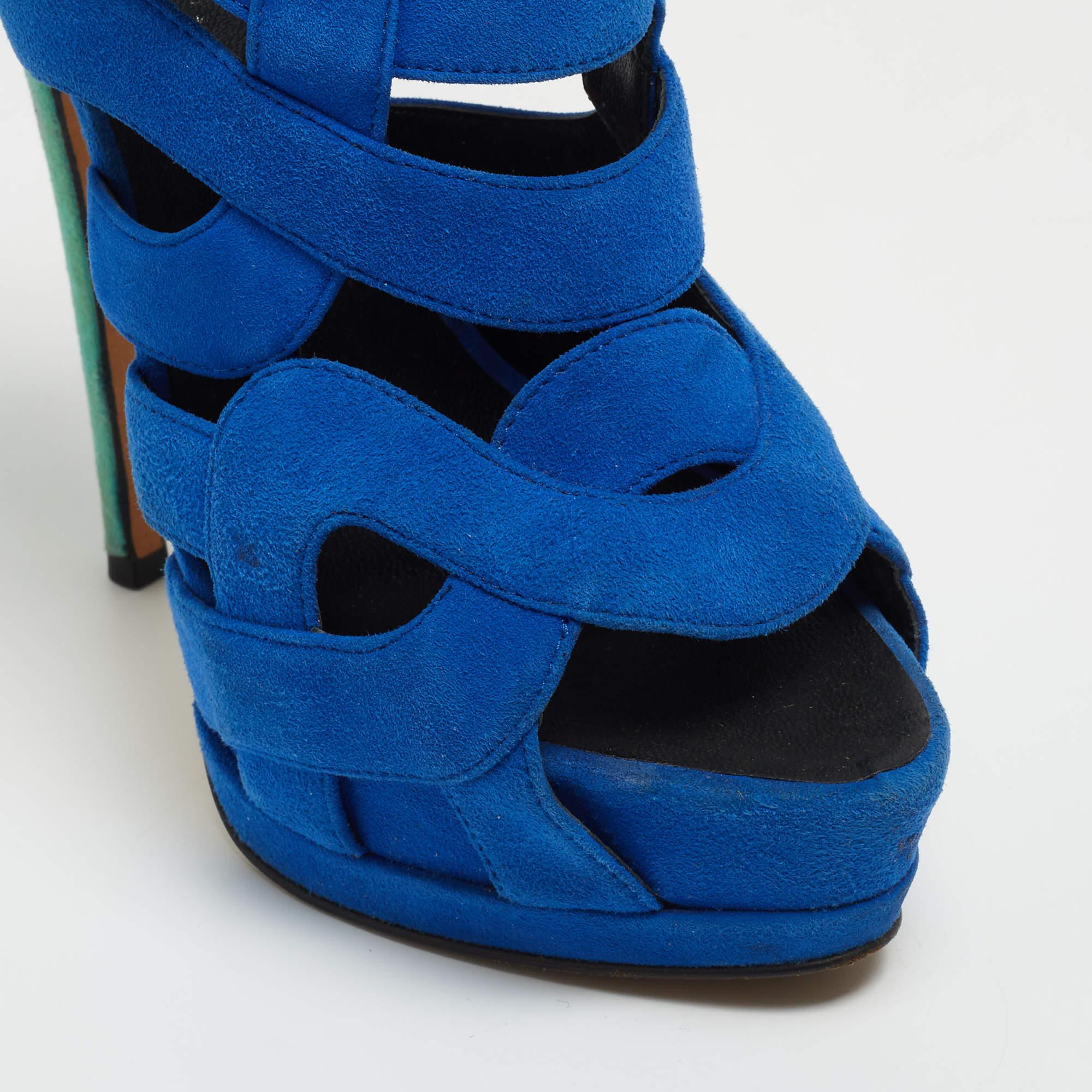Giuseppe Zanotti Two Tone Suede Cutout Caged Slingback Platform Sandals Size 38. For Sale 3