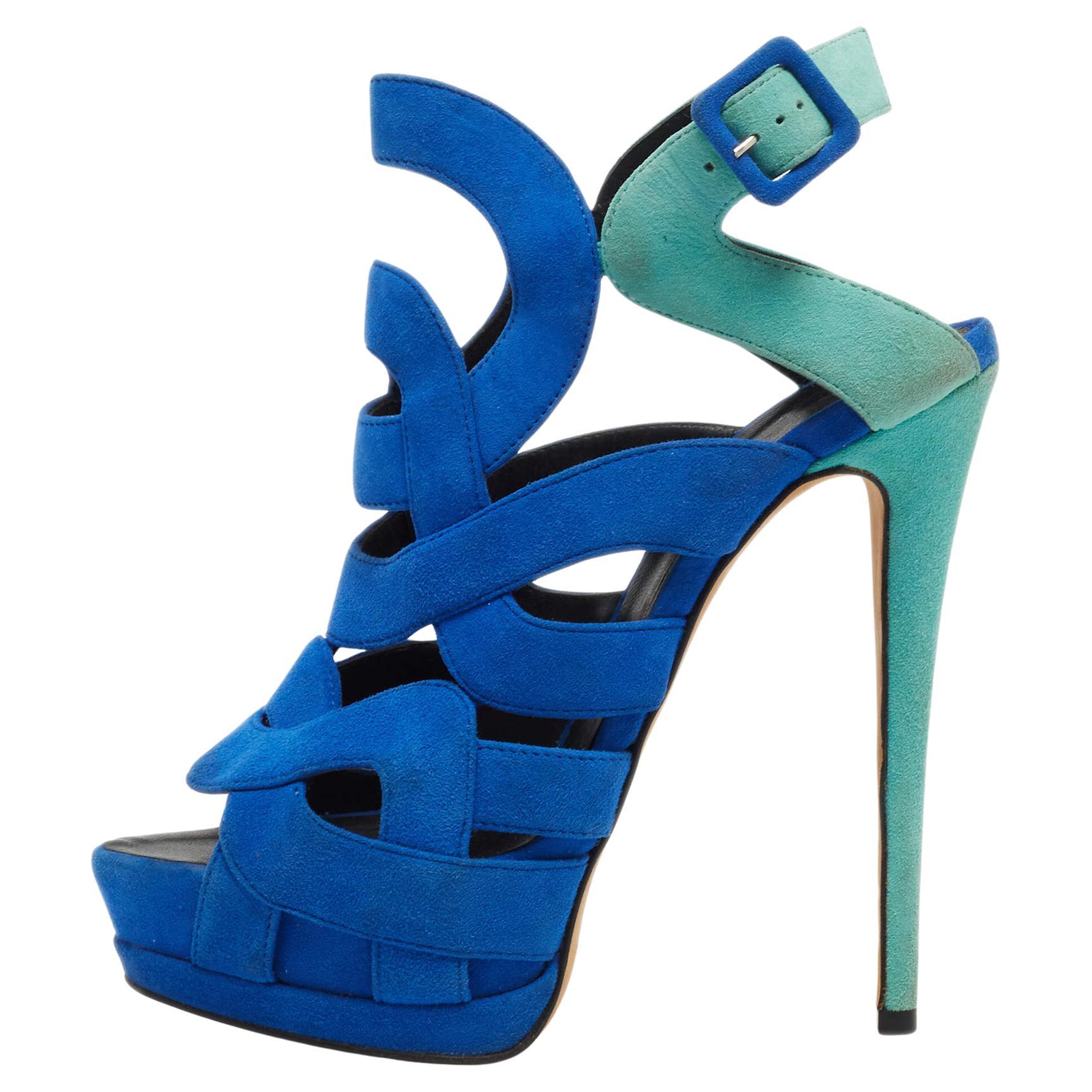 Giuseppe Zanotti Two Tone Suede Cutout Caged Slingback Platform Sandals Size 38. For Sale