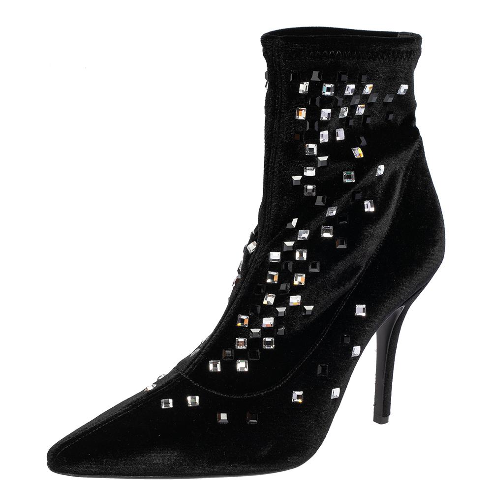 Giuseppe Zanotti Velvet Crystal Embellished Pointed Toe Ankle Boots Size 40 For Sale