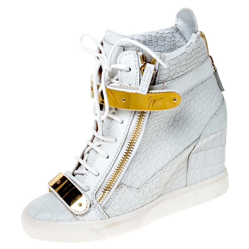 Giuseppe Zanotti White Croc Embossed Leather High Top Wedge Sneakers Size 38