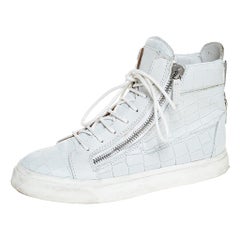Used Giuseppe Zanotti White Croc Embossed Leather London High Top Sneakers Size 37.5