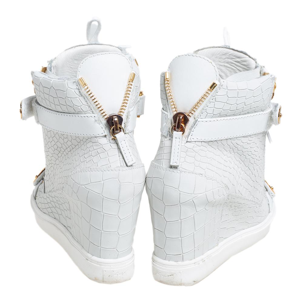 Gray Giuseppe Zanotti White Croc Embossed Lorenz Wedge High Top Sneakers Size 39
