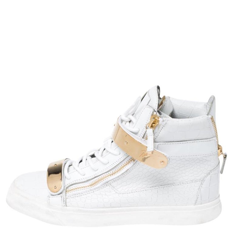 Giuseppe Zanotti White/Gold Leather Coby High Top Sneakers Size 44 For ...