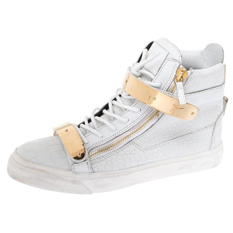 Giuseppe Zanotti White/Gold Leather Coby High Top Sneakers Size 44 For Sale  at 1stDibs