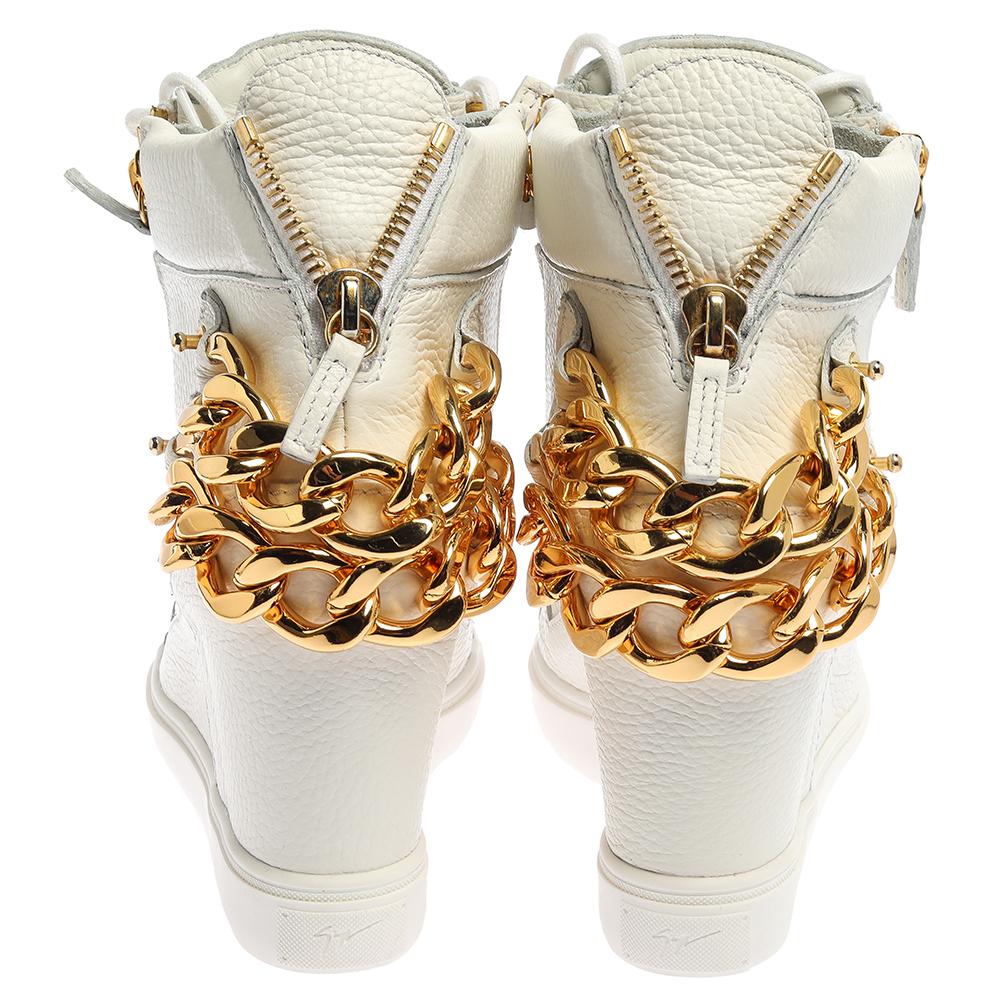 Giuseppe Zanotti White Leather Chain Detail High Top Wedge Sneakers ...