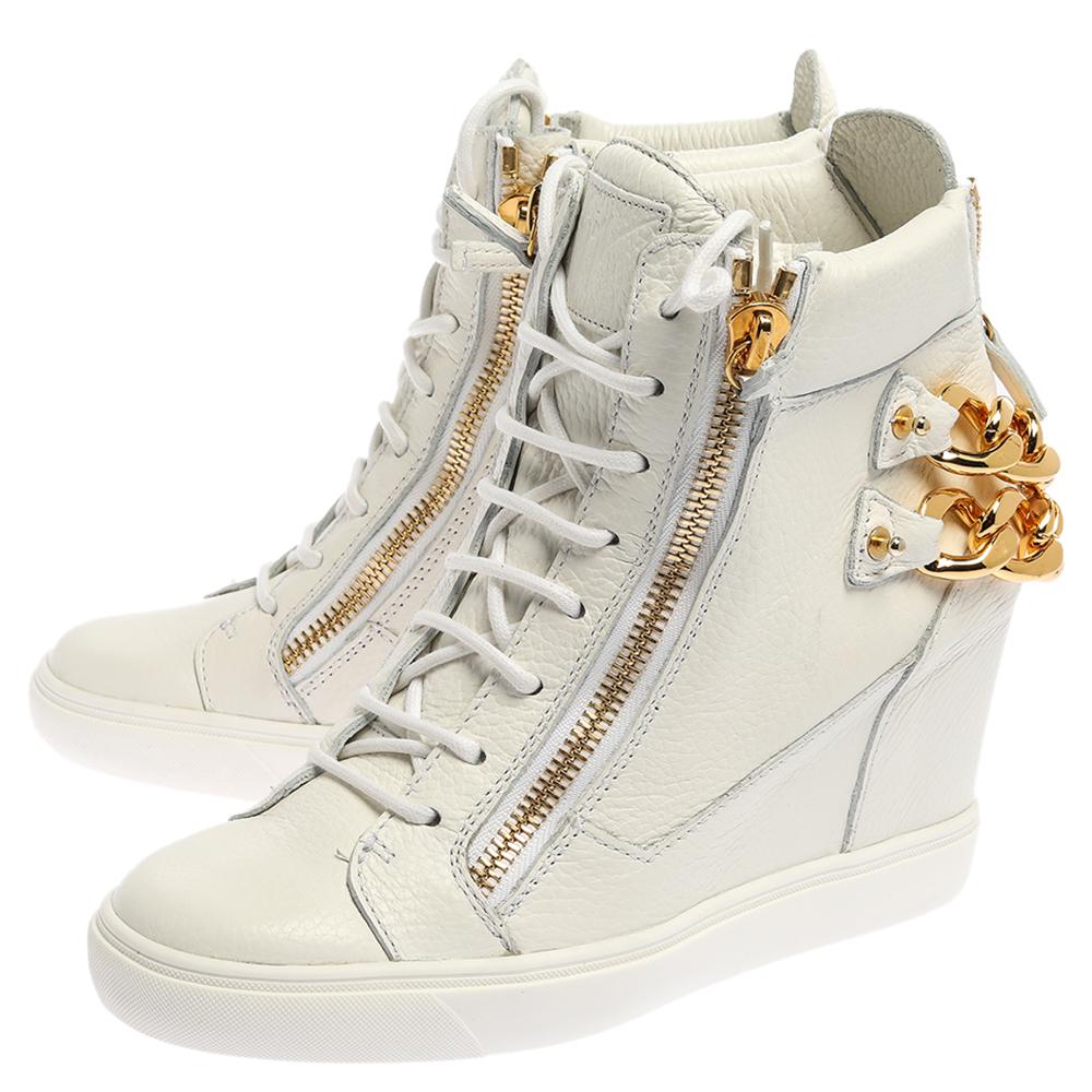 Giuseppe Zanotti White Leather Chain Detail High Top Wedge Sneakers Size 41 1