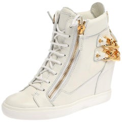 Giuseppe Zanotti White Leather Chain Detail High Top Wedge Sneakers Size 41