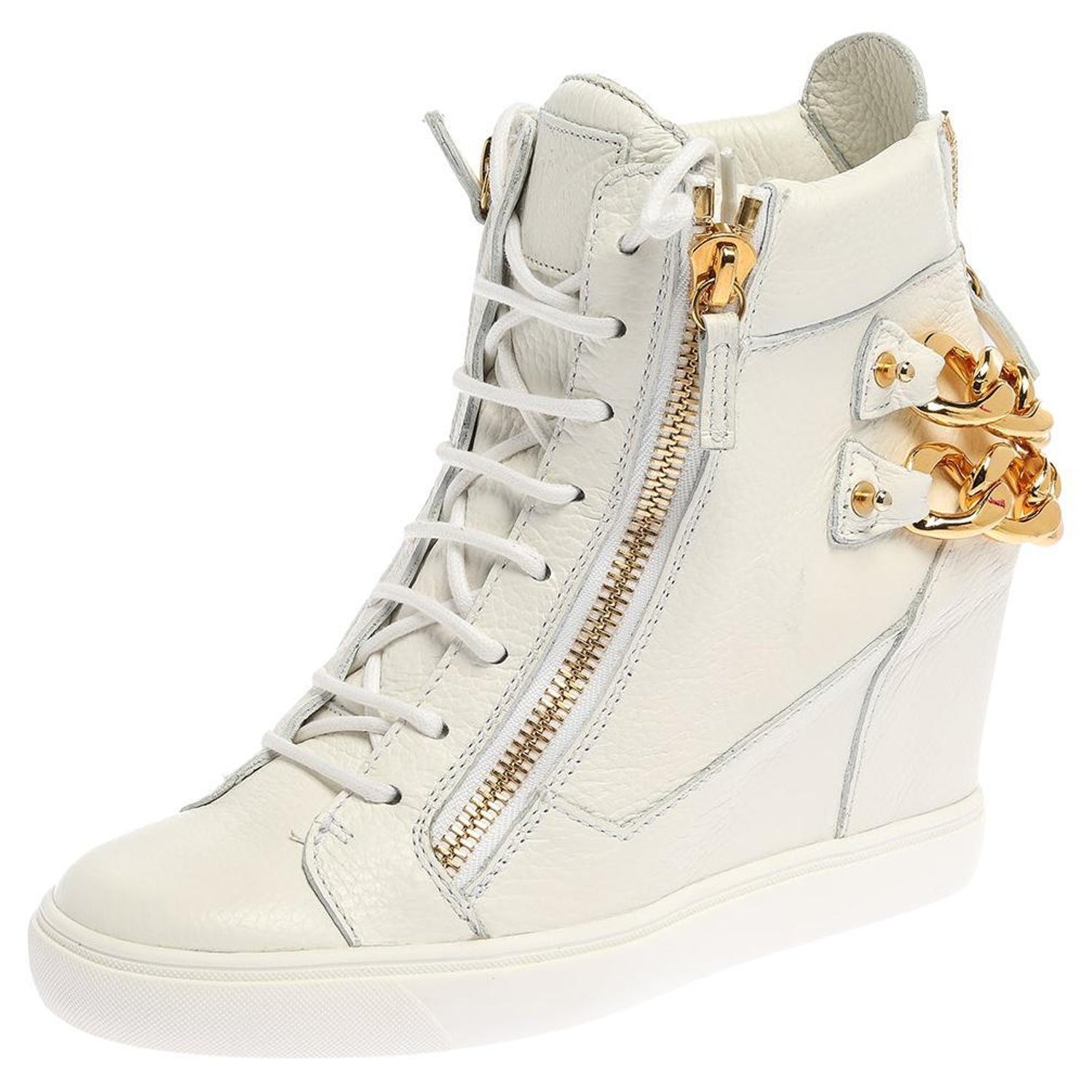 Giuseppe Zanotti White Leather Chain Detail High Top Wedge Sneakers Size 41  at 1stDibs