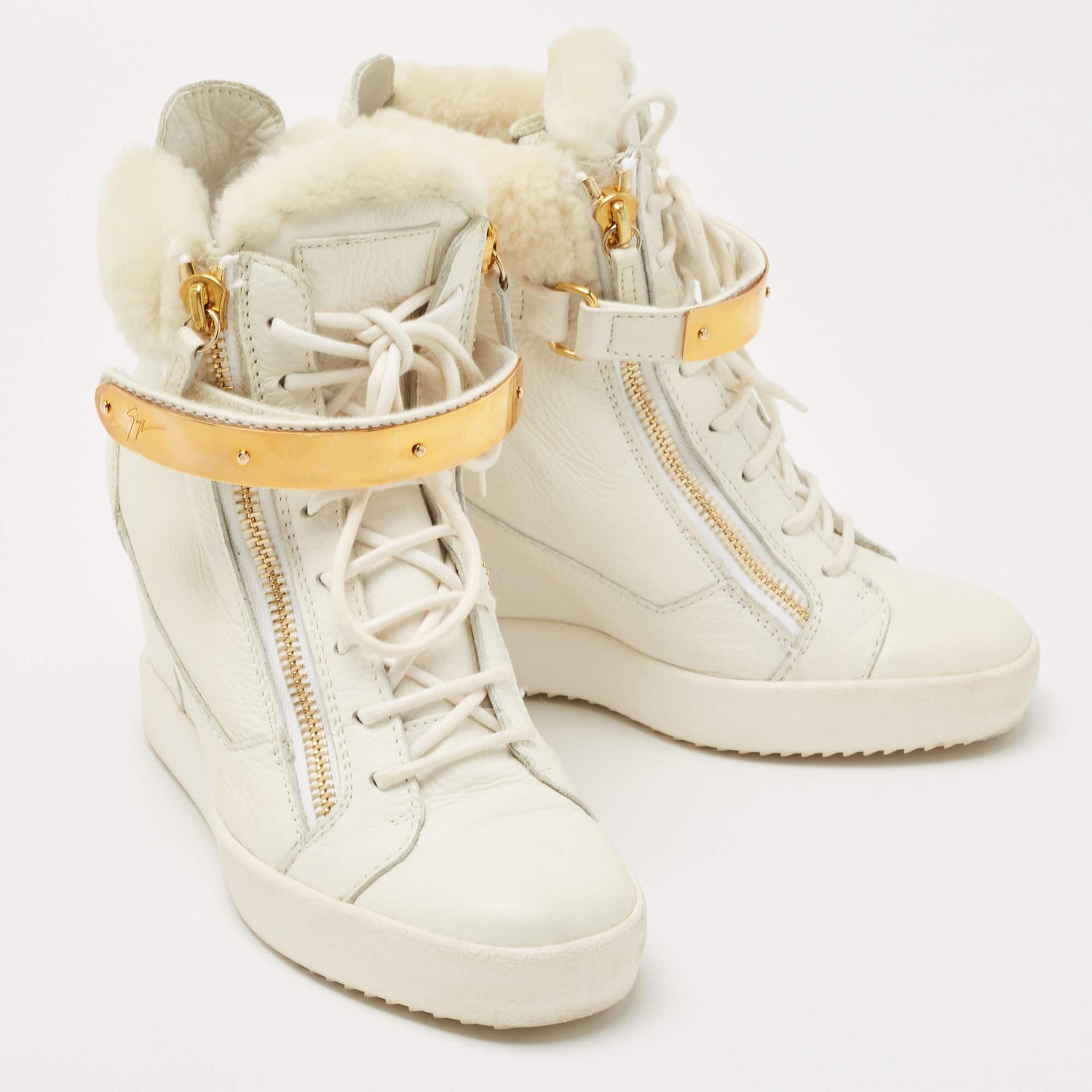 Giuseppe Zanotti White Leather Chain Detail Tumbled Wedge Sneakers Size 42 1