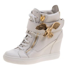 Giuseppe Zanotti White Leather Eagle Embellished Wedge High Top Sneakers Size 37