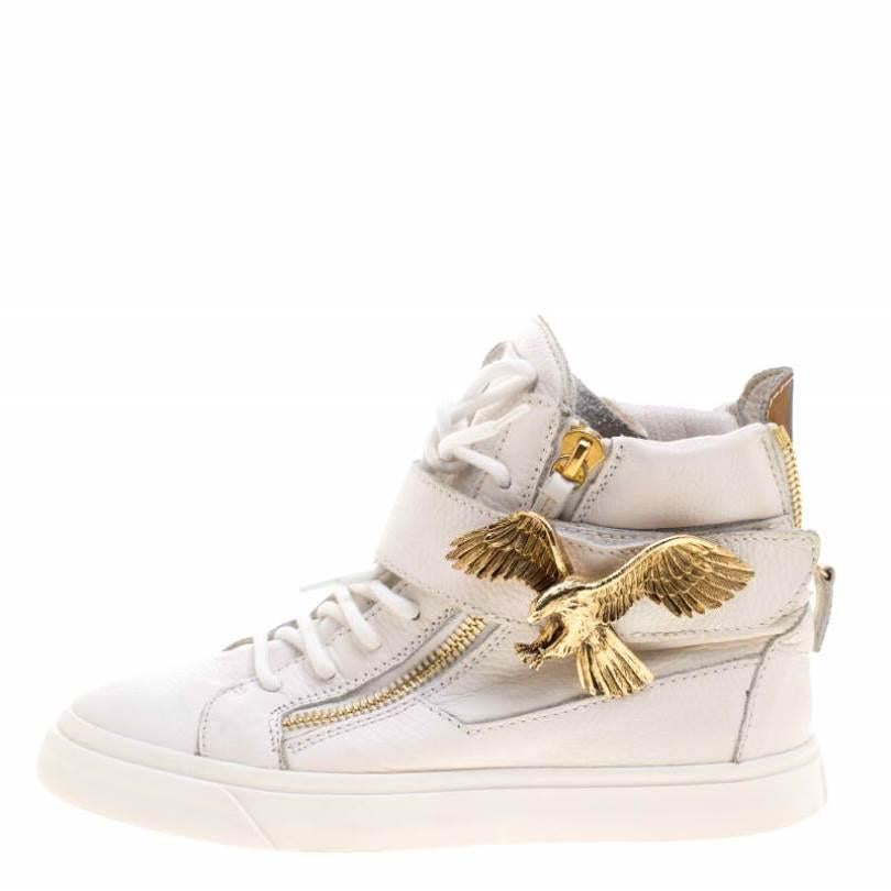 Giuseppe Zanotti White Leather Eagle High Top Sneakers Size 38 In Good Condition In Dubai, Al Qouz 2