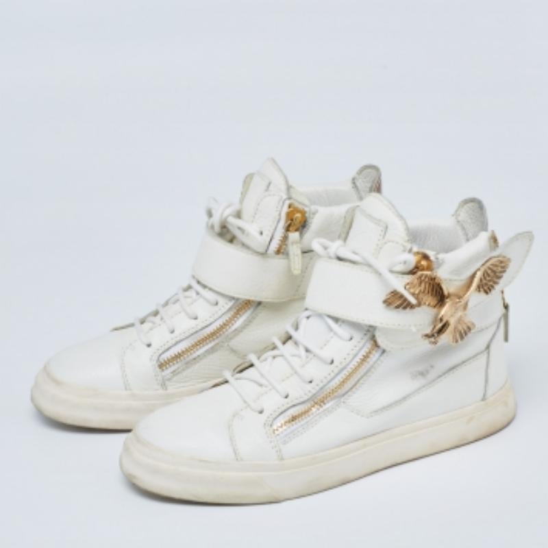 Gray Giuseppe Zanotti White Leather Embellished High Top Sneakers Size 38.5 For Sale