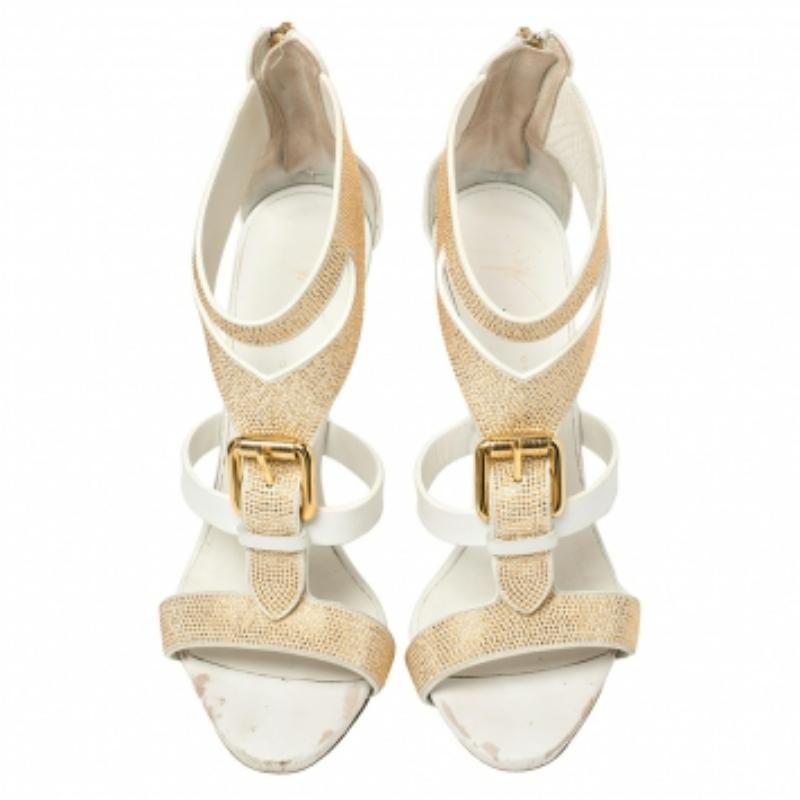 Beige Giuseppe Zanotti White Leather Gold Strass Buckle Sandals Size 37 For Sale