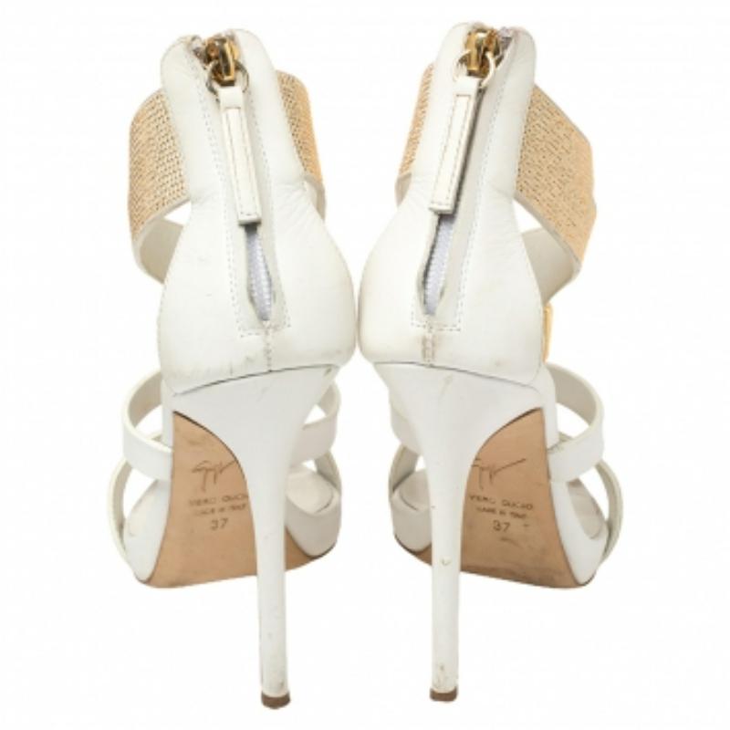 Giuseppe Zanotti White Leather Gold Strass Buckle Sandals Size 37 For Sale 1