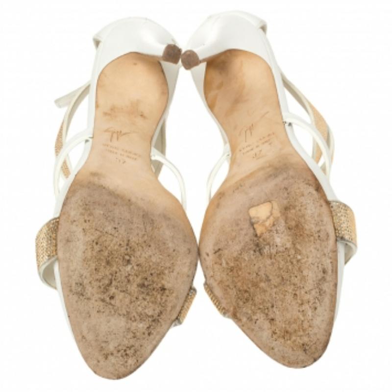 Giuseppe Zanotti White Leather Gold Strass Buckle Sandals Size 37 For Sale 2