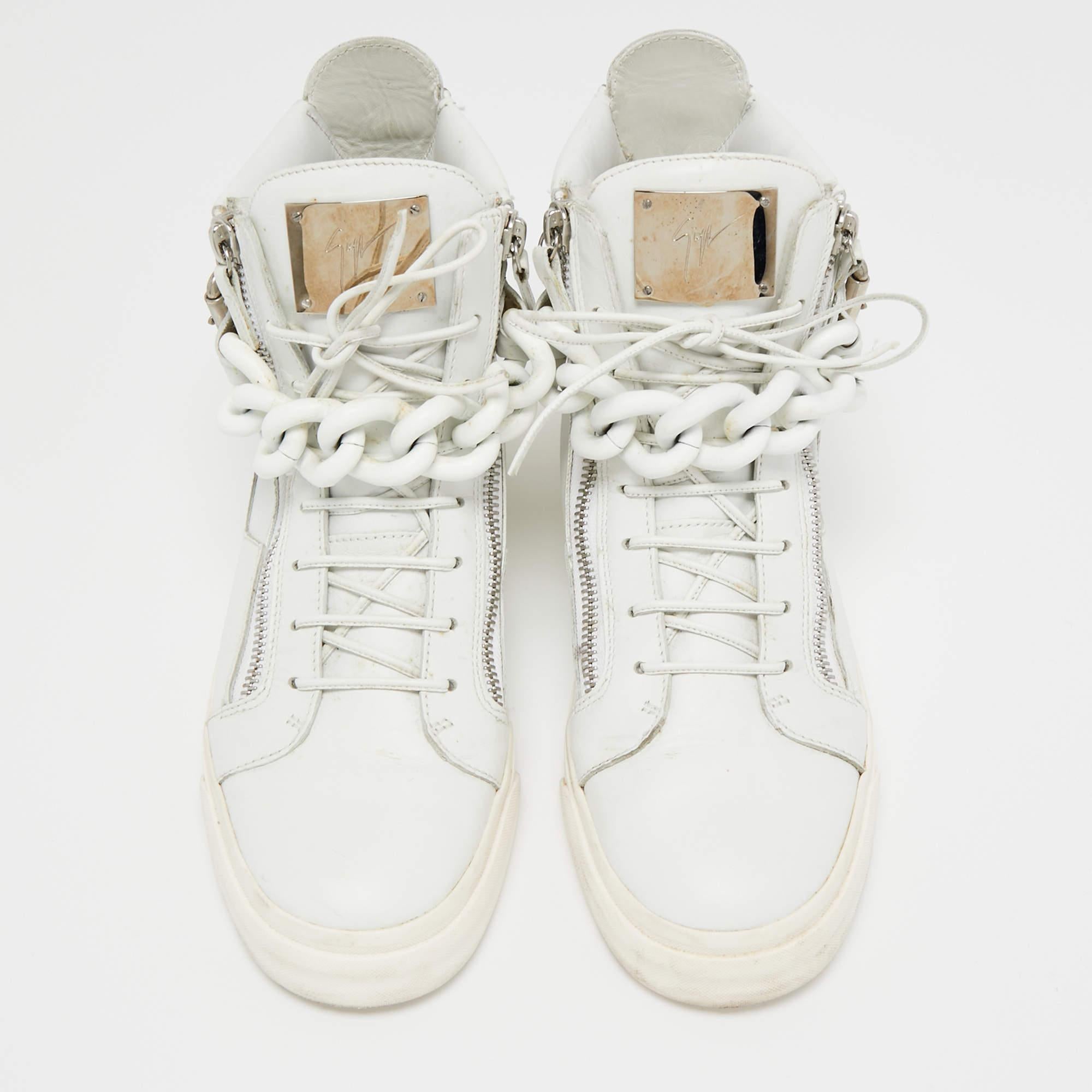 Giuseppe Zanotti Weiß Leder Metall Kette High Top Turnschuhe Größe 44 (Grau)