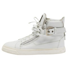 Used Giuseppe Zanotti White Leather Metal Chain High Top Sneakers Size 44