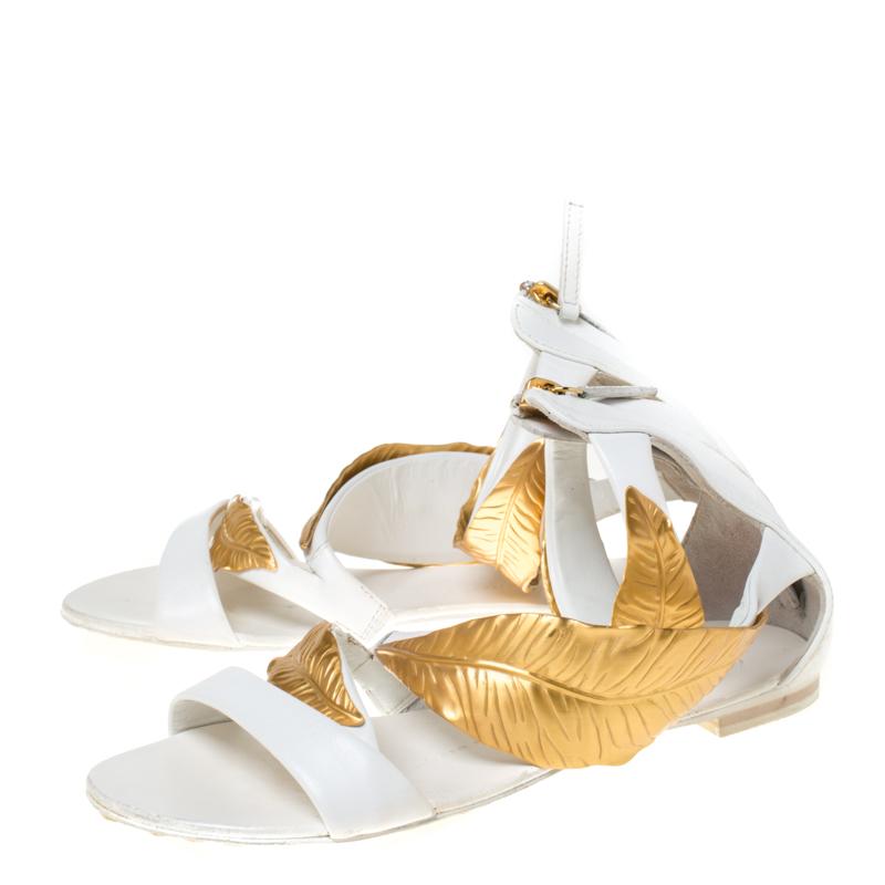 Women's Giuseppe Zanotti White Leather Metal Leaf Embellished Flat Sandals Size 36