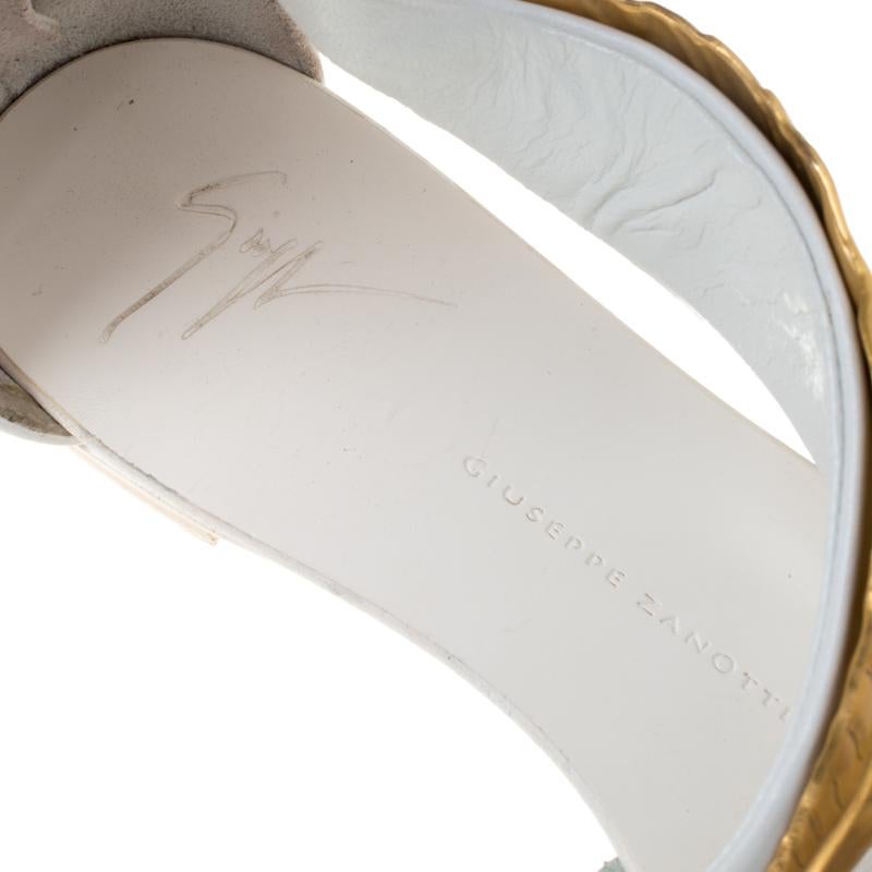 Giuseppe Zanotti White Leather Metal Leaf Embellished Flat Sandals Size 36 1