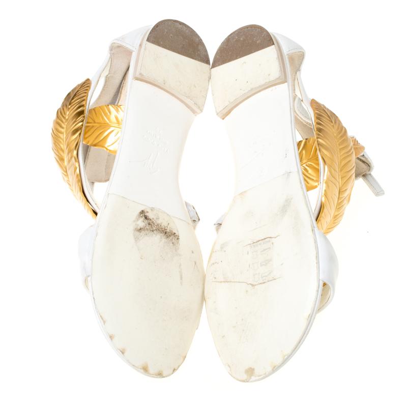 Giuseppe Zanotti White Leather Metal Leaf Embellished Flat Sandals Size 36 2