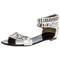 Giuseppe Zanotti White Leather Studded Ankle Cuff Zipper Flats Size 36