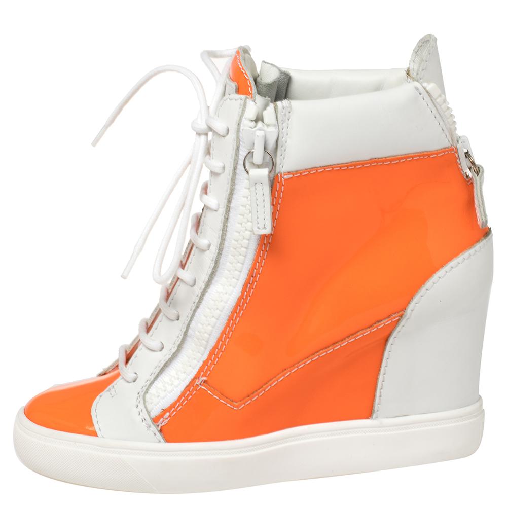 Giuseppe Zanotti White/Neon Orange High Top Wedge Sneakers Size 37.5 For  Sale at 1stDibs | orange wedge sneakers