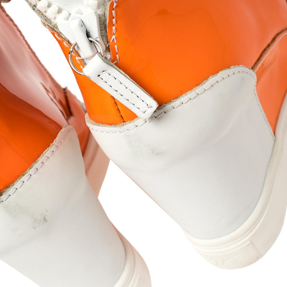 Giuseppe Zanotti White/Neon Orange High Top Wedge Sneakers Size 37.5 In Good Condition In Dubai, Al Qouz 2