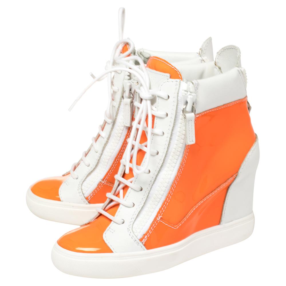 Giuseppe Zanotti White/Neon Orange High Top Wedge Sneakers Size 37.5 2