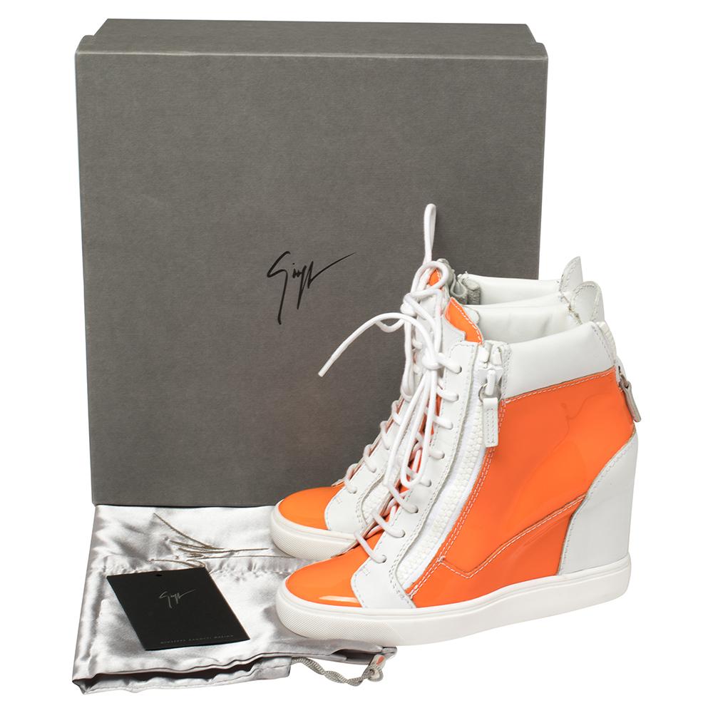 Giuseppe Zanotti White/Neon Orange High Top Wedge Sneakers Size 37.5 3