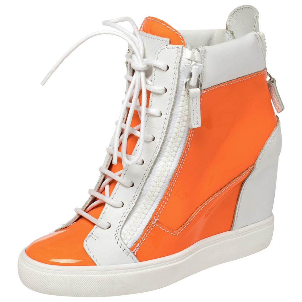 Giuseppe Zanotti White/Neon Orange High Top Wedge Sneakers Size 37.5 For  Sale at 1stDibs | orange wedge sneakers