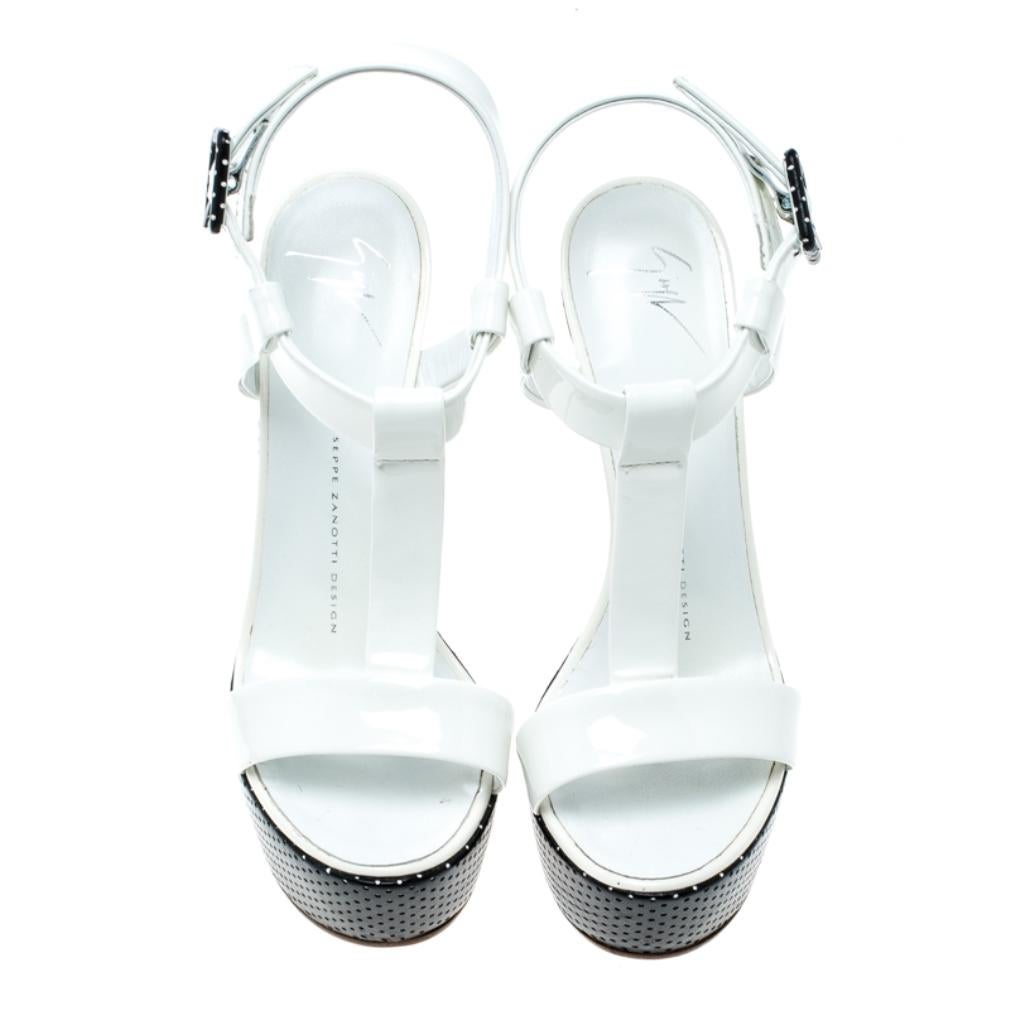 Gray Giuseppe Zanotti White Patent Leather Heel Less T-Strap Wedge Sandals Size 37.5