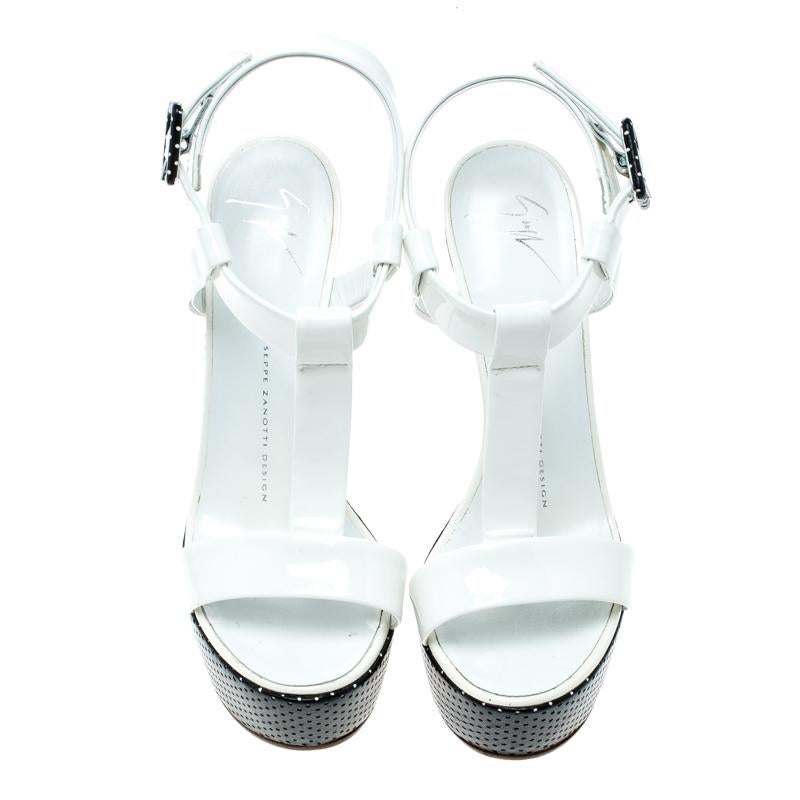 Black Giuseppe Zanotti White Patent Leather Heel Less T-Strap Wedge Sandals Size 37.5