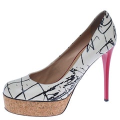 Giuseppe Zanotti White Printed Leather Cork Platform Pumps Size 38.5