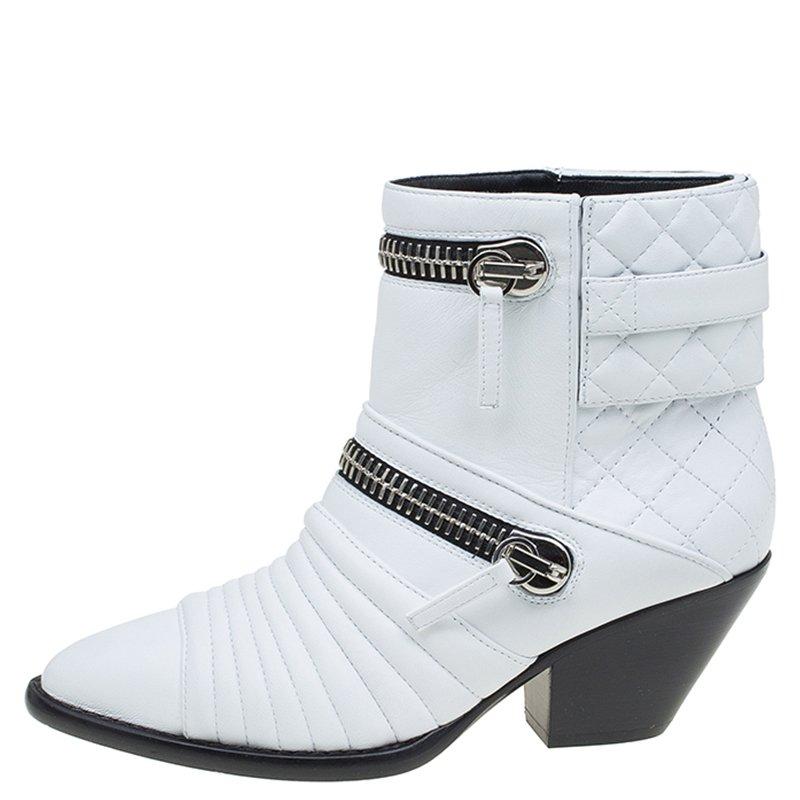 Women's Giuseppe Zanotti White Quilted Leather Ankle Boots Size 37.5