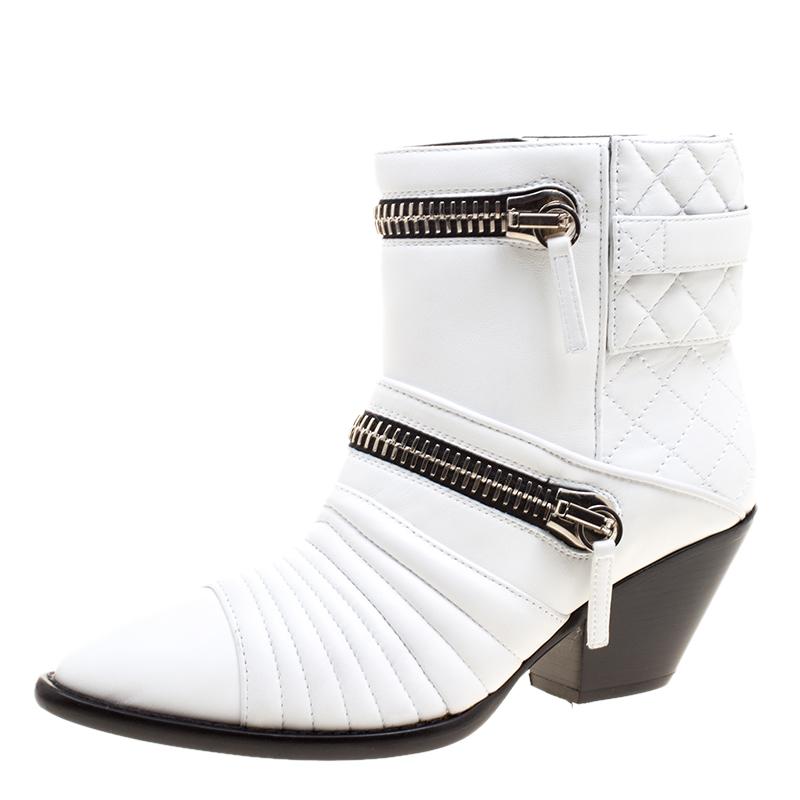 Giuseppe Zanotti White Quilted Leather Ankle Boots Size 38.5