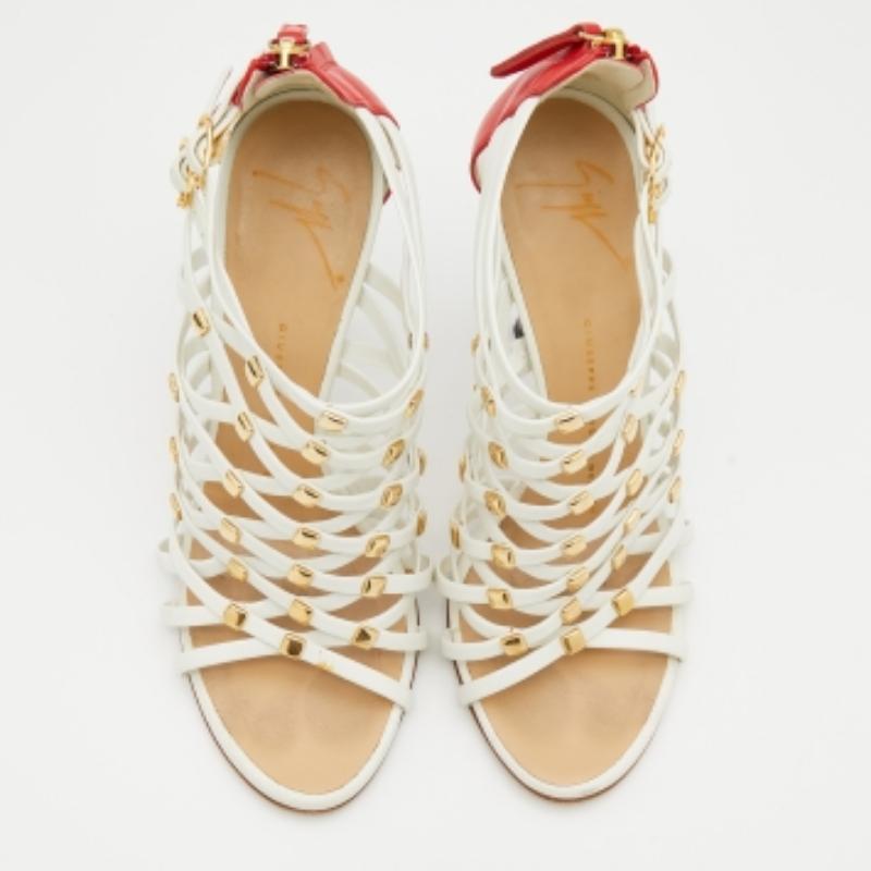 Beige Giuseppe Zanotti Sandali Strappy impreziositi in pelle bianca/rossa Taglia 36 in vendita