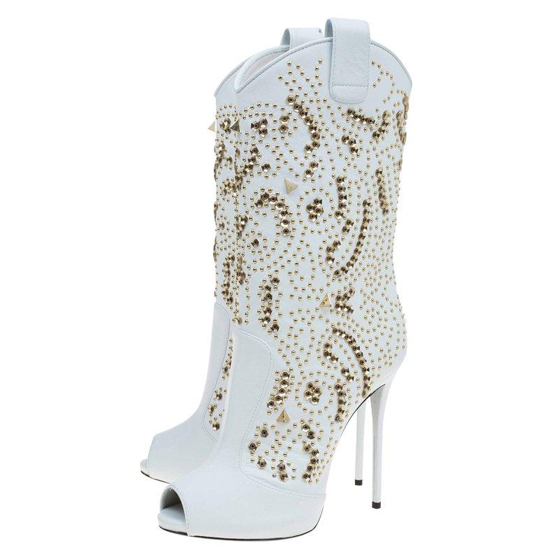 Women's Giuseppe Zanotti White Studded Leather Coline Peep Toe Mid Calf Boots Size 38