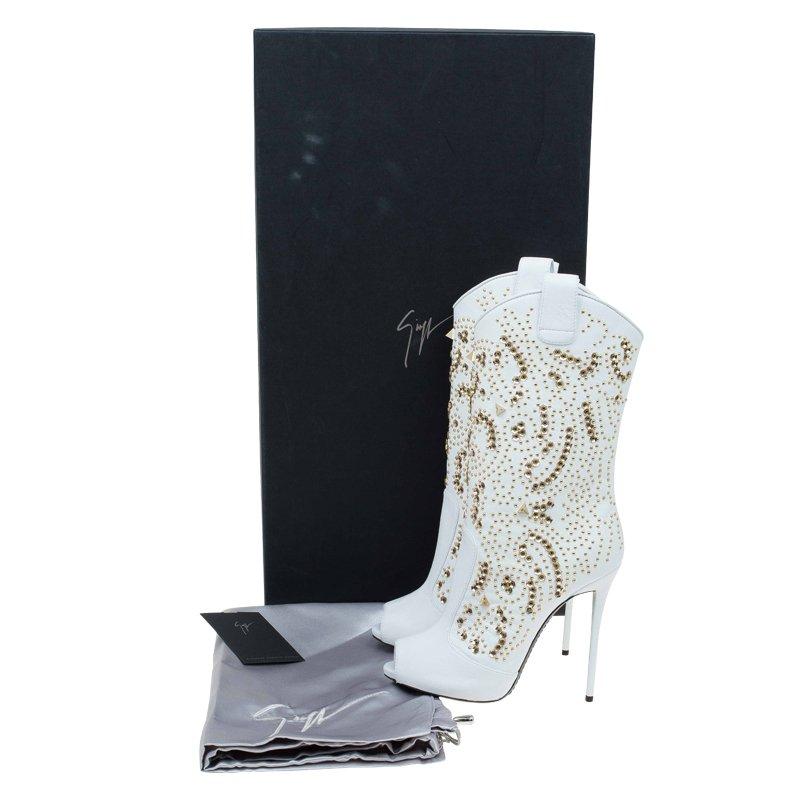 Giuseppe Zanotti White Studded Leather Coline Peep Toe Mid Calf Boots Size 38 2