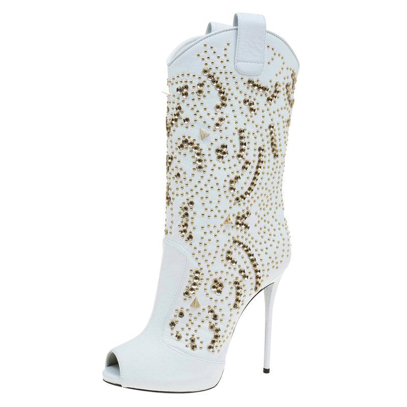 Giuseppe Zanotti White Studded Leather Coline Peep Toe Mid Calf Boots Size 38