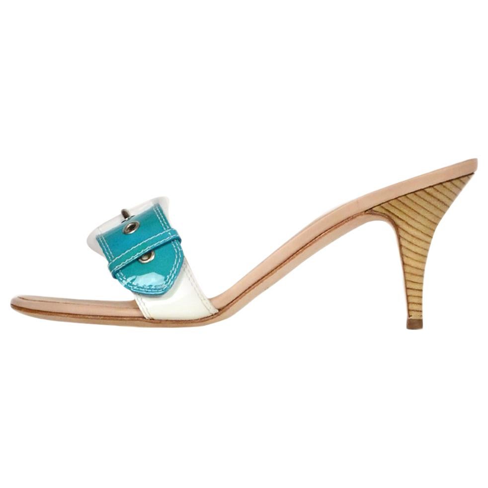 Giuseppe Zanotti White/Turquoise Patent Buckle Mules sz 39 For Sale